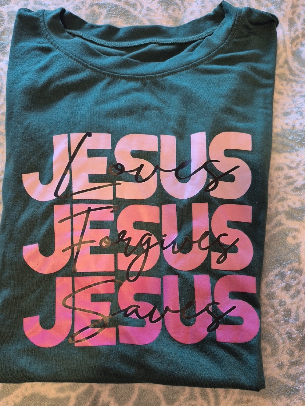 Green T-Shirt with Pink Ombre 'Jesus' Graphic
